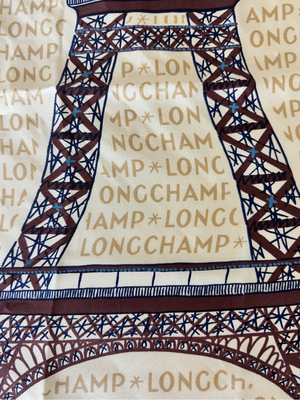 Longchamp Paris Gavroche 100% Silk Brown & Cream Eiffel Tower Print Scarf - Picture 5 of 7